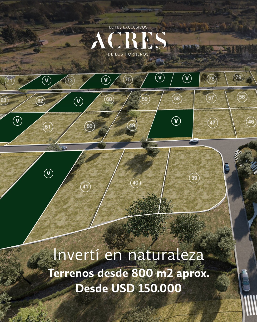 En Acres podes acceder a terrenos desde 800 m², en un barrio privado que combina naturaleza, diseño y conectividad, sobre Camino de los Horneros.  Un proyecto de solo 80 lotes, pensado para quienes buscan construir con más espacio, tranquilidad y proyección a futuro. 📈🏡
