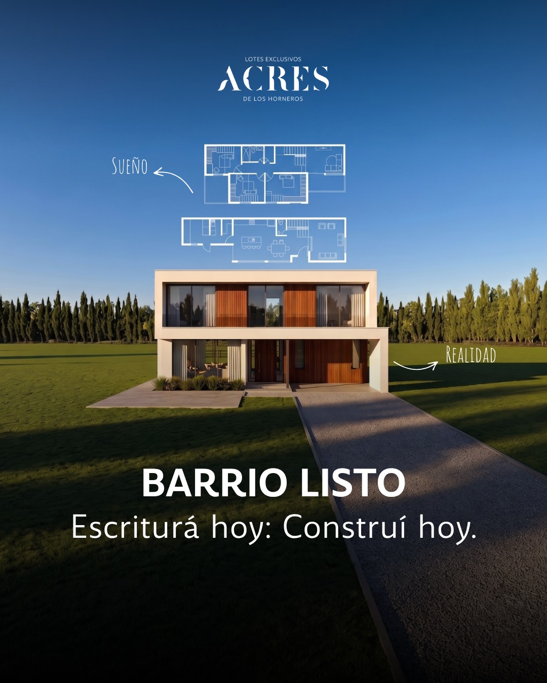 📍 En Acres el barrio ya está listo: podés escriturar hoy y comenzar a proyectar tu casa desde el primer día.  🏡 Porque el mejor momento para empezar a construir tu futuro puede ser ahora.  📲 ¡Contactanos, tu lote te espera! 094 464 351