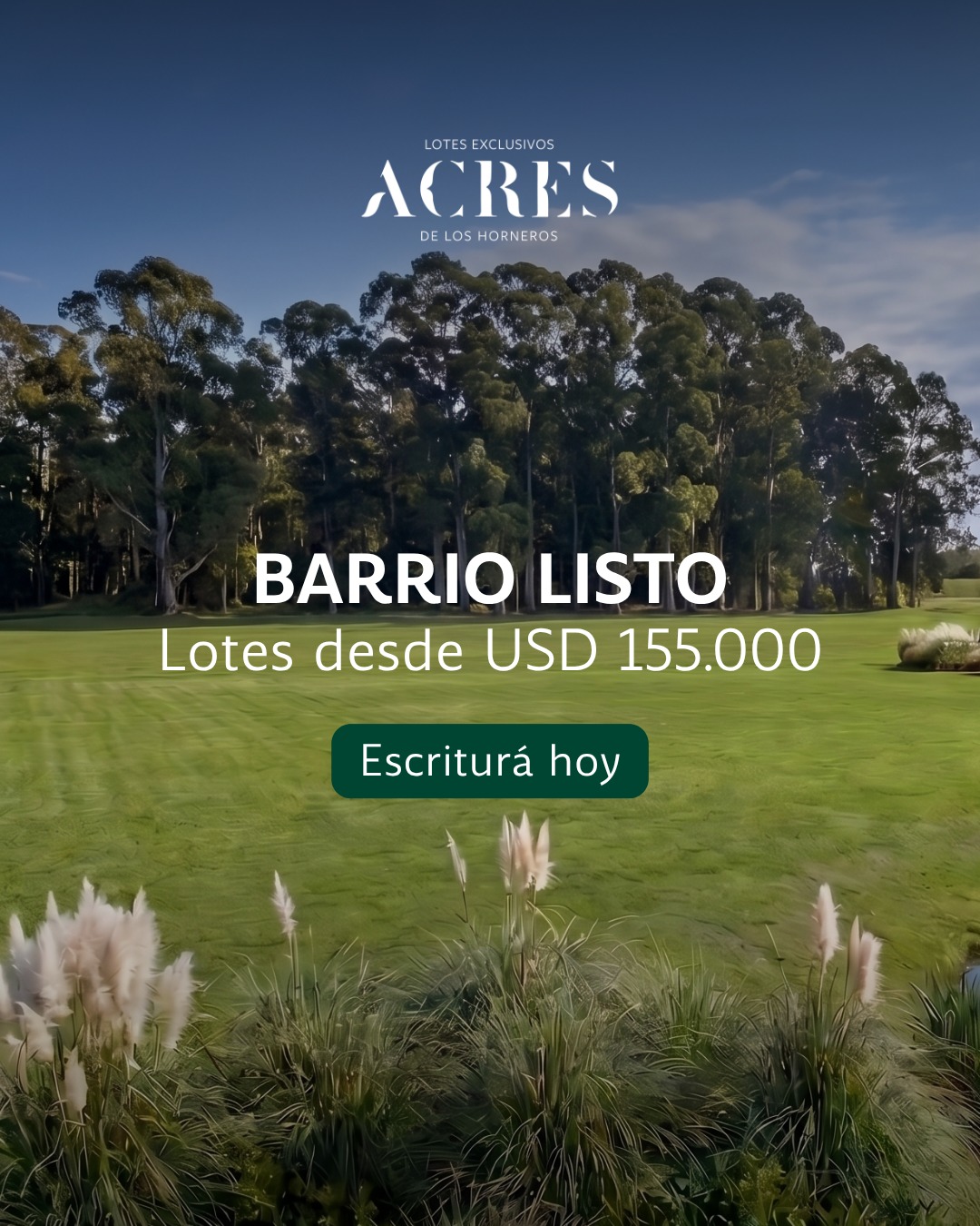 🏡 Elegir Acres es empezar a construir tu futuro desde hoy.  Barrio listo: escriturá hoy tu lote desde USD 155.000  🎾 Además, los nuevos compradores acceden a una membresía de 2 años en Horneros Racket Club.  📲 Contactanos por más información: 094 464 351